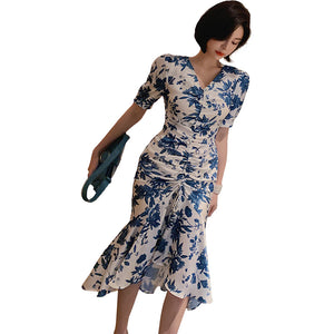 3904-衣服女2021夏裝度假復古V領碎花禦姐風連衣裙法式包臀裙子-2021夏裝主推款