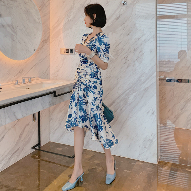 3904-衣服女2021夏裝度假復古V領碎花禦姐風連衣裙法式包臀裙子-2021夏裝主推款