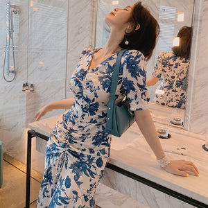 3904-衣服女2021夏裝度假復古V領碎花禦姐風連衣裙法式包臀裙子-2021夏裝主推款