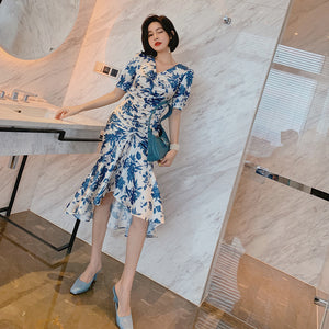 3904-衣服女2021夏裝度假復古V領碎花禦姐風連衣裙法式包臀裙子-2021夏裝主推款